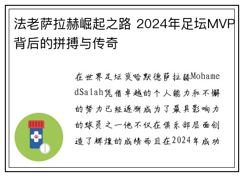 法老萨拉赫崛起之路 2024年足坛MVP背后的拼搏与传奇